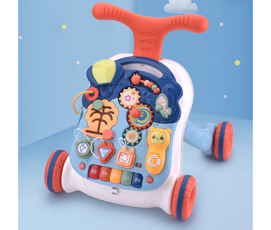 Antemergator Multifunctional, cu panou Educational si Telecomanda cu melodii, Masuta interactiva detasabila, 2 in 1 cu Sunete si Lumini, Albastru