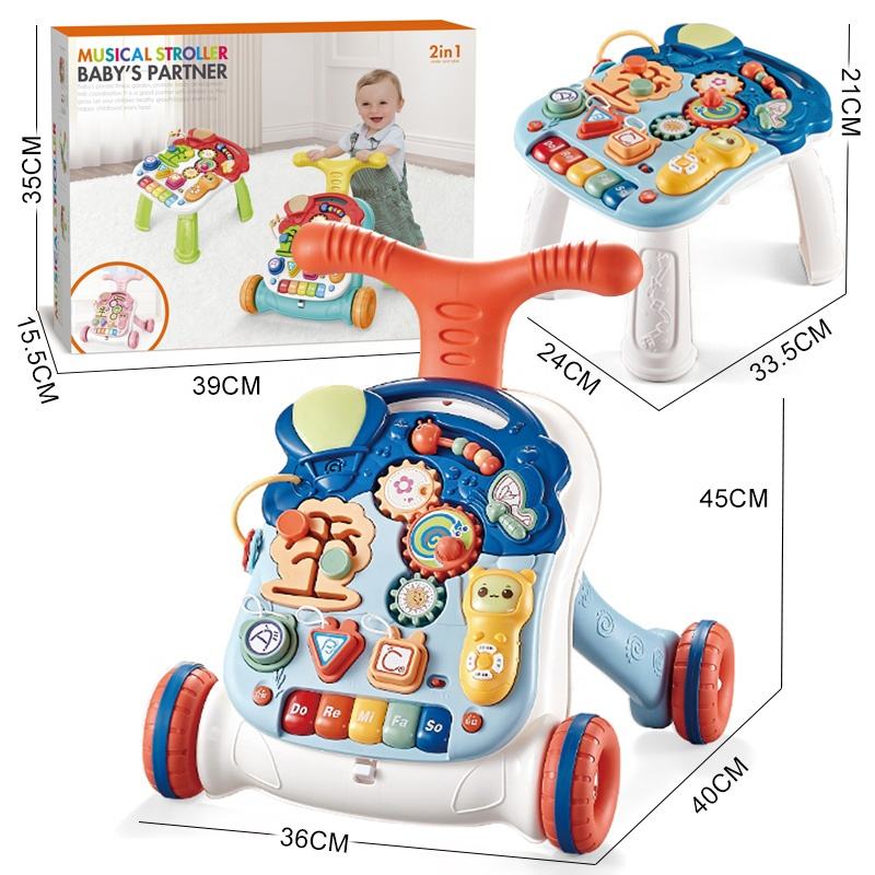 Antemergator Multifunctional, cu panou Educational si Telecomanda cu melodii, Masuta interactiva detasabila, 2 in 1 cu Sunete si Lumini, Albastru