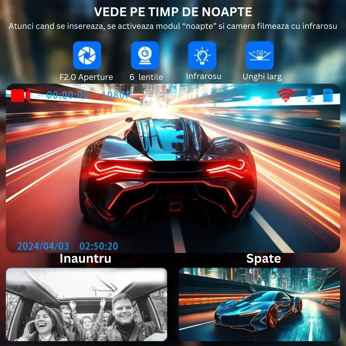 Camera Auto Tripla de bord Full HD 1080P VisionHub®, WIFI, G-Senzor Reglabil, Aplicatie Pe Telefon, Night Vision, Loop Recording, Unghi Larg 170°, Ecran IPS De 2,0 Inch, DVR cu Camera Fata - Spat + Interior incluse, Negru