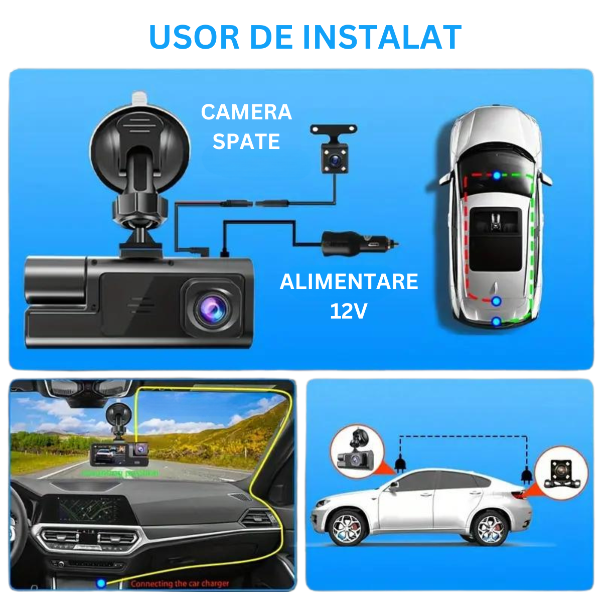Camera Auto Tripla de bord Full HD 1080P VisionHub®, WIFI, G-Senzor Reglabil, Aplicatie Pe Telefon, Night Vision, Loop Recording, Unghi Larg 170°, Ecran IPS De 2,0 Inch, DVR cu Camera Fata - Spat + Interior incluse, Negru