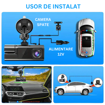 Camera Auto Tripla de bord Full HD 1080P VisionHub®, WIFI, G-Senzor Reglabil, Aplicatie Pe Telefon, Night Vision, Loop Recording, Unghi Larg 170°, Ecran IPS De 2,0 Inch, DVR cu Camera Fata - Spat + Interior incluse, Negru