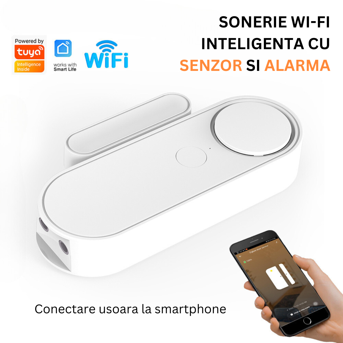 Senzor Inteligent Wireless Pentru Usa, Fereastra, Antifurt, Compatibilitate Aplicatie Tuya si Smart Life, Sistem de alarma VisionHub® pentru casa cu Control la Distanta, Voice Control, Notificari Alarme prin Aplicatie, Alb