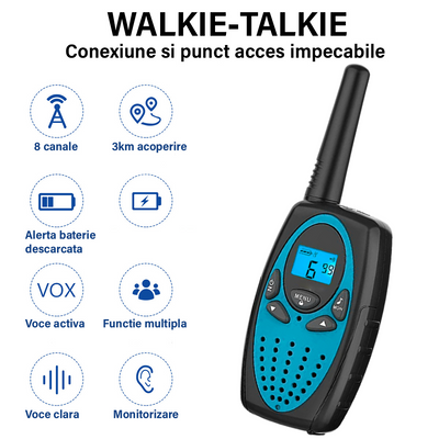 Set 2 statii Walkie Talkie Copii si Adulti, VisionHub®, cu Raza Lunga de Actiune, Vox, Blocare taste, Sunet clar, Statie radio camping, drumetii, excursii, Albastru