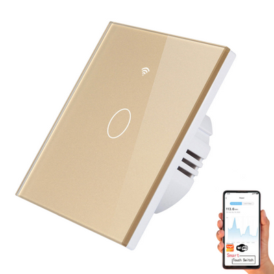 Intrerupator inteligent cu touch, Wireless, VisionHub®, Wi-fi, 1 Canal, din Sticla Securizata, Compatibil iOS/Android, Tuya, Amazon Alexa/Google Assistant, rezistent la zgarieturi, ideal pentru birou, camera de zi, dormitor, baie si bucatarie, Auriu
