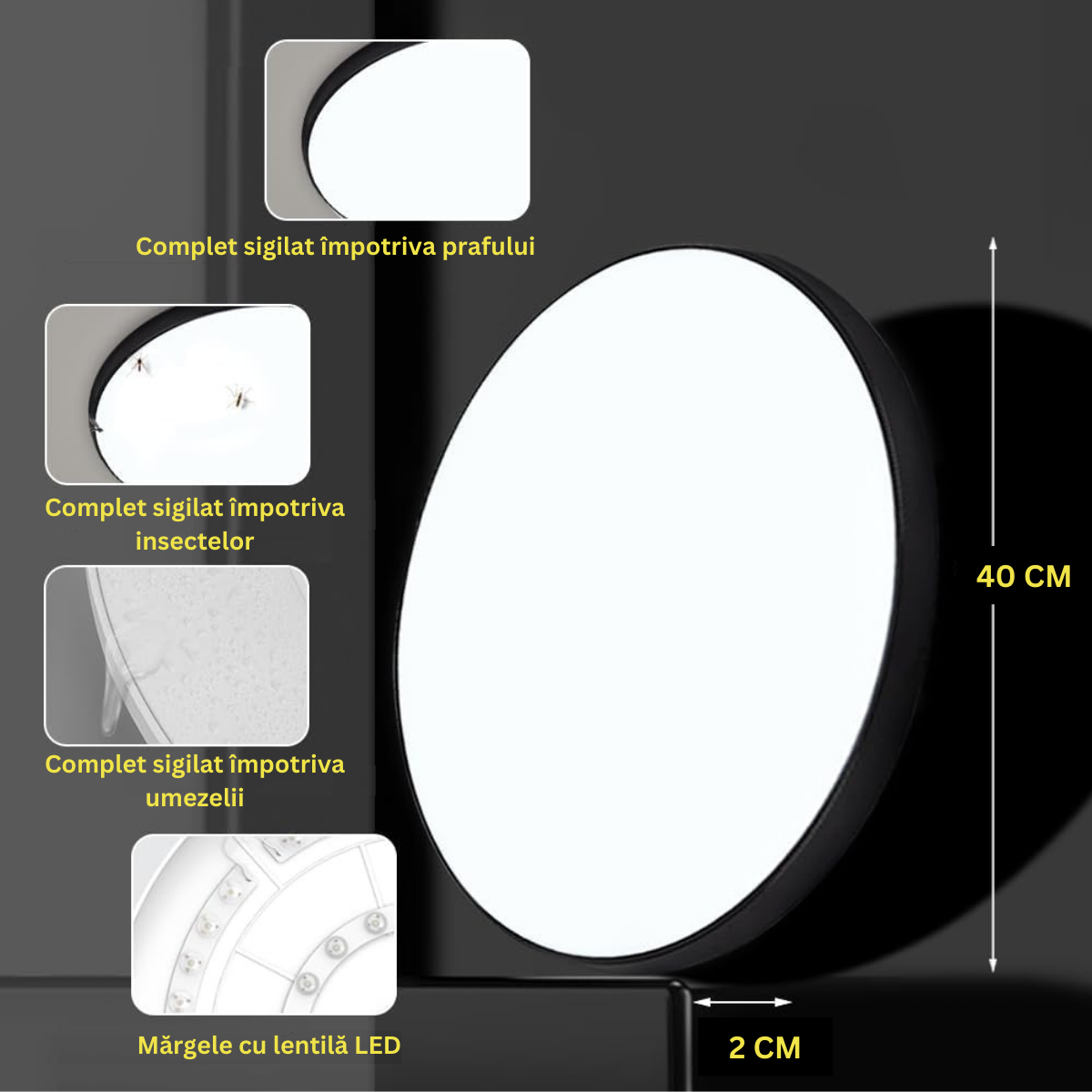 Plafoniera LED Moderna, VisionHub®, Clasa Enegetica A ultra subtire 2cm, pentru interior, in forma rotunda, tri-proof, 38W, lumina alba rece 6500k, diametru 40cm, Negru mat
