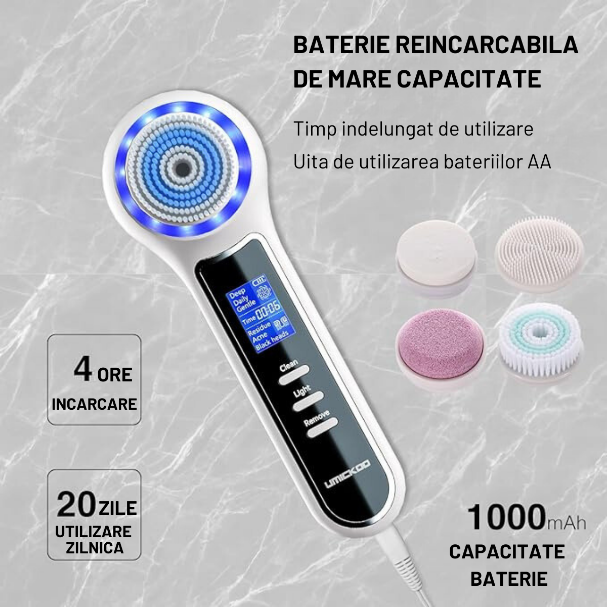 Aparat Profesional pentru Indepartarea punctelor Negre VisionHub®, Perie electrica de curatare faciala 5in1, Afisaj LCD, 3 niveluri de putere, 4 sonde de aspiratie, Indepartarea porilor, Anti-rid, Exfoliere, Demachiant facial, IPX7 Impermeabil