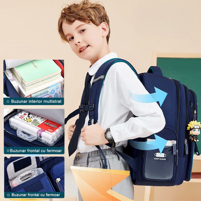 Ghiozdan Scoala, Ergonomic pentru copii - Ultra usor, Compartimente multiple, Rucsac VisionHub®, Antibacterian, Reflectorizant 360°, Capacitate Mare, Protectie Spate si Respirabil, Rezistent la apa, Activitati Zilnice, 42x30x20 cm, Albastru