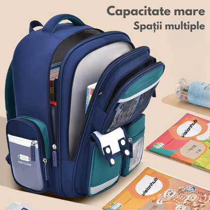 Ghiozdan Scoala, Ergonomic pentru copii - Ultra usor, Compartimente multiple, Rucsac VisionHub®, Antibacterian, Reflectorizant 360°, Capacitate Mare, Protectie Spate si Respirabil, Rezistent la apa, Activitati Zilnice, 42x30x20 cm, Albastru