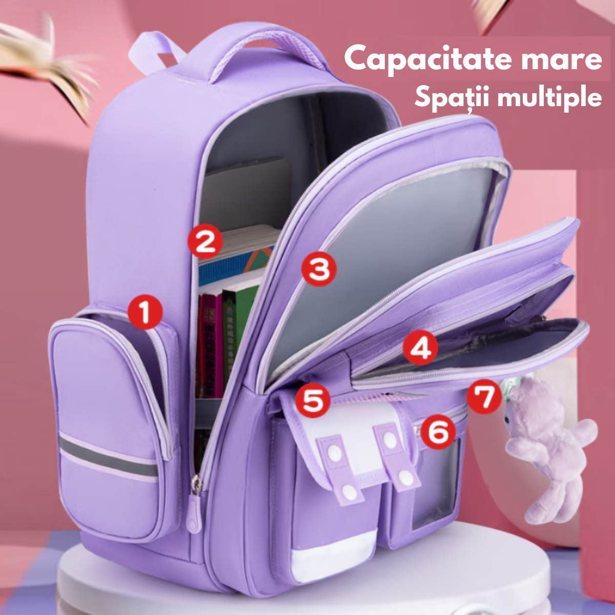 Ghiozdan Scoala, Ergonomic pentru copii - Ultra usor, Compartimente multiple, Rucsac VisionHub®, Antibacterian, Reflectorizant 360°, Capacitate Mare, Protectie Spate si Respirabil, Rezistent la apa, Activitati Zilnice, 42x30x20 cm, Mov