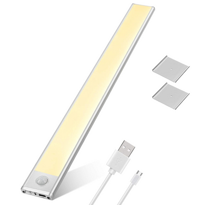 Lampa LED inteligenta cu senzor de miscare, VisionHub®, Corp de iluminat reincarcabil prin USB, fara fir, portabila, baterie incorporata, cu suport magnetic, pentru dressing, dulap de bucatarie, baie, hol, scari, lungime 40 cm, argintiu/lumina calda 3500K