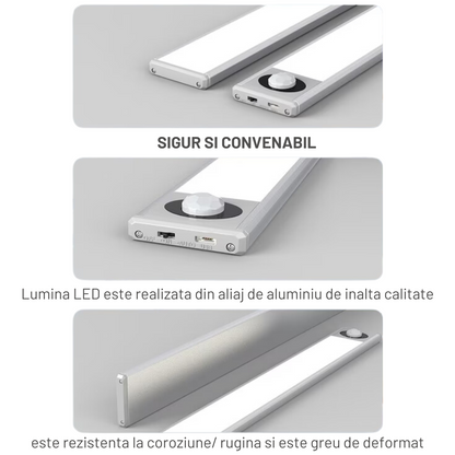 Lampa LED inteligenta cu senzor de miscare, VisionHub®, Corp de iluminat reincarcabil prin USB, fara fir, portabila, baterie incorporata, cu suport magnetic, pentru dressing, dulap de bucatarie, baie, hol, scari, lungime 40 cm, argintiu/lumina calda 3500K