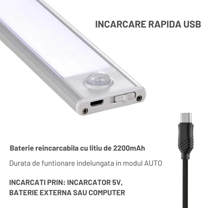 Lampa LED inteligenta cu senzor de miscare, VisionHub®, Corp de iluminat reincarcabil prin USB, fara fir, portabila, baterie incorporata, cu suport magnetic, pentru dressing, dulap de bucatarie, baie, hol, scari, lungime 40 cm, argintiu/lumina calda 3500K