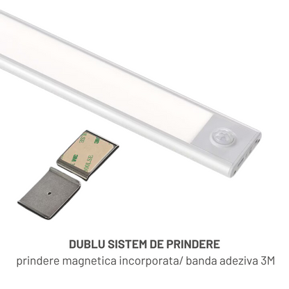 Lampa LED inteligenta cu senzor de miscare, VisionHub®, Corp de iluminat reincarcabil prin USB, fara fir, portabila, baterie incorporata, cu suport magnetic, pentru dressing, dulap de bucatarie, baie, hol, scari, lungime 40 cm, argintiu/lumina calda 3500K
