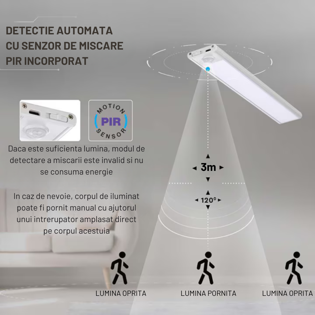 Lampa LED inteligenta cu senzor de miscare, VisionHub®, Corp de iluminat reincarcabil prin USB, fara fir, portabila, baterie incorporata, cu suport magnetic, pentru dressing, dulap de bucatarie, baie, hol, scari, lungime 40 cm, argintiu/lumina calda 3500K