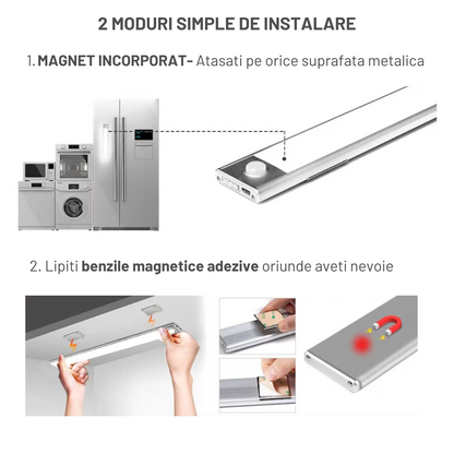 Lampa LED inteligenta cu senzor de miscare, VisionHub®, Corp de iluminat reincarcabil prin USB, fara fir, portabila, baterie incorporata, cu suport magnetic, pentru dressing, dulap de bucatarie, baie, hol, scari, lungime 40 cm, argintiu/lumina calda 3500K
