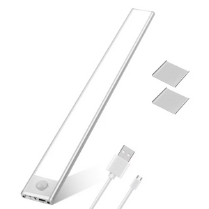 Lampa LED inteligenta cu senzor de miscare, VisionHub®, Corp de iluminat reincarcabil prin USB, fara fir, portabila, baterie incorporata, cu suport magnetic, pentru dressing, dulap de bucatarie, baie, hol, scari, lungime 80 cm, argintiu/lumina rece 6500K