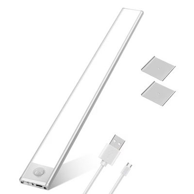 Lampa LED inteligenta cu senzor de miscare, VisionHub®, Corp de iluminat reincarcabil prin USB, fara fir, portabila, baterie incorporata, cu suport magnetic, pentru dressing, dulap de bucatarie, baie, hol, scari, lungime 80 cm, argintiu/lumina rece 6500K