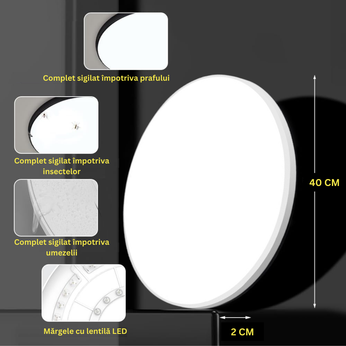 Plafoniera LED Moderna, VisionHub®, Clasa Enegetica A, Ultra subtire 2cm, Aplica pentru interior, in forma rotunda, tri-proof, 38W, 3 Temperaturi de lumina Calda 3000k/ Neutra 4000k/ Rece 6500k, Diametru 40cm, Baie, Dormitor, Bucatarie, Living, Alb