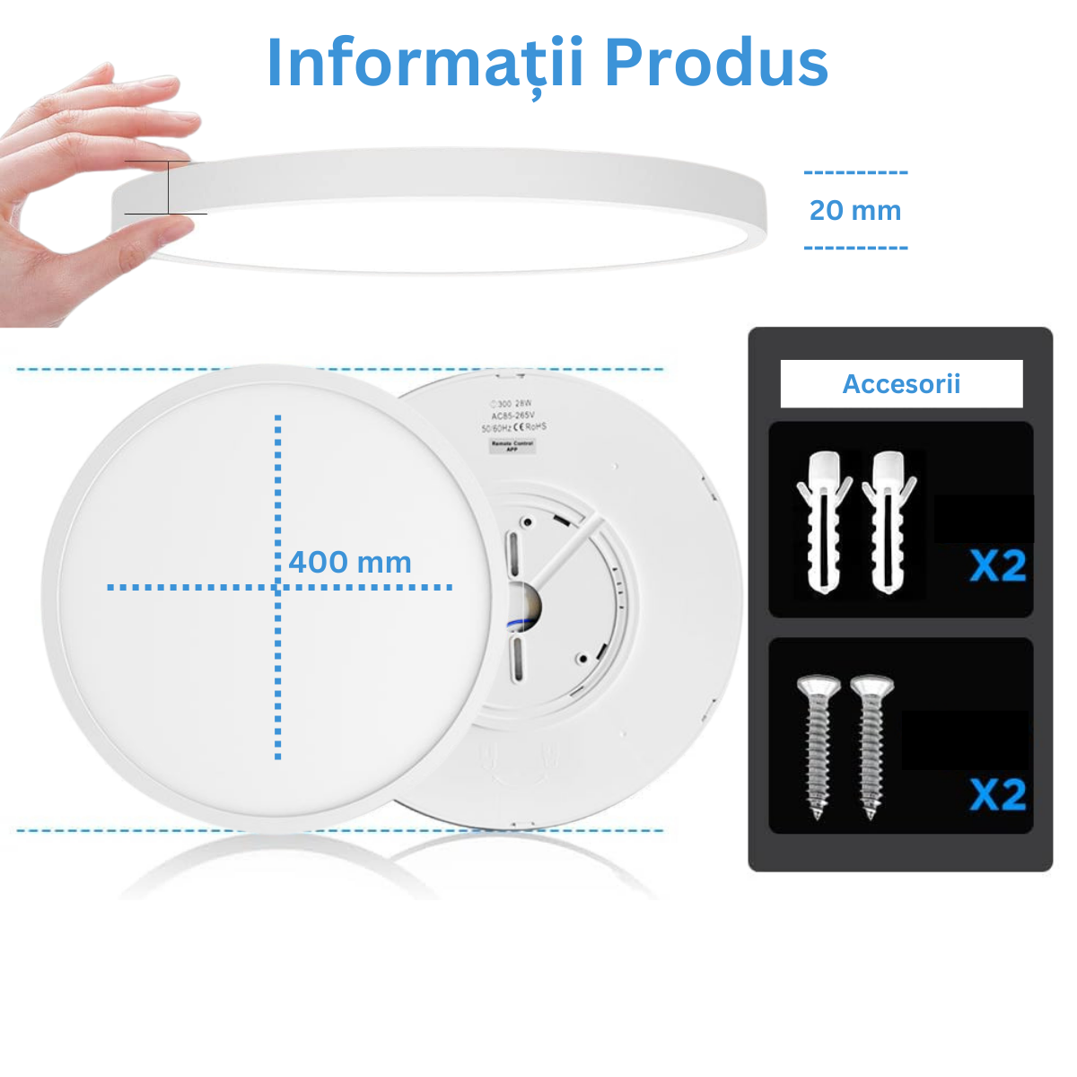 Plafoniera LED Moderna, VisionHub®, Clasa Enegetica A, Ultra subtire 2cm, Aplica pentru interior, in forma rotunda, tri-proof, 38W, 3 Temperaturi de lumina Calda 3000k/ Neutra 4000k/ Rece 6500k, Diametru 40cm, Baie, Dormitor, Bucatarie, Living, Alb