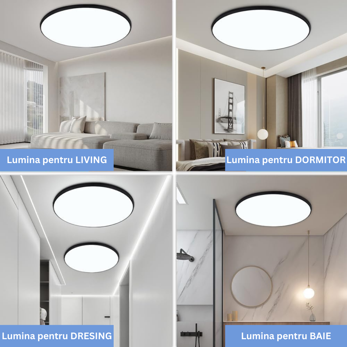 Plafoniera LED Moderna, VisionHub®, Clasa Enegetica A, Ultra subtire 2cm, Aplica pentru interior, in forma rotunda, tri-proof, 38W, 3 Temperaturi de lumina Calda3000k/ Neutra4000k/ Rece6500k, Diametru 40cm, Baie, Dormitor, Bucatarie, Living, Negru