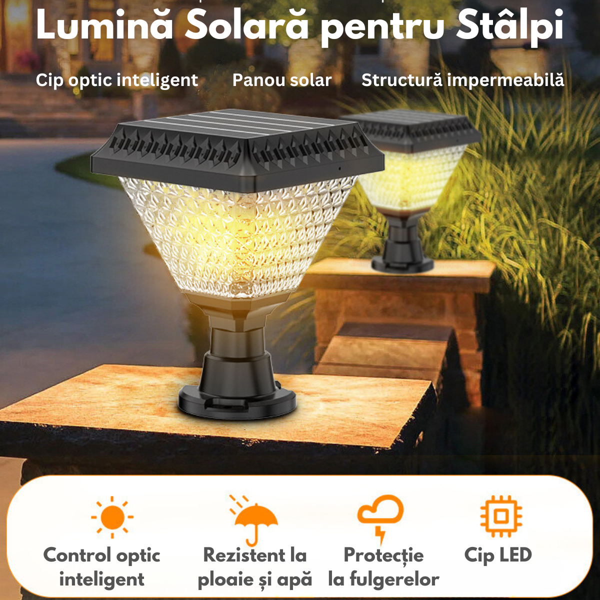 Lumina Solara de Gradina pentru Stalpi / Gard - LED cu 6 culori RGB si 3 moduri de iluminare Neutru/Cald/Rece, Rezistenta la Apa si Intemperii IP65, Panou Fotovoltaic de Inalta Eficienta, Iluminare Automata, Baterie 1800mAh, Ideala pentru Exterior