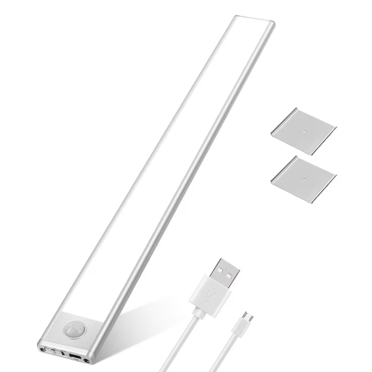 Lampa LED inteligenta cu senzor de miscare, VisionHub®, Corp de iluminat reincarcabil prin USB, fara fir, portabila, baterie incorporata, cu suport magnetic, pentru dressing, dulap de bucatarie, baie, hol, scari, lungime 40 cm, argintiu/lumina rece 6500K
