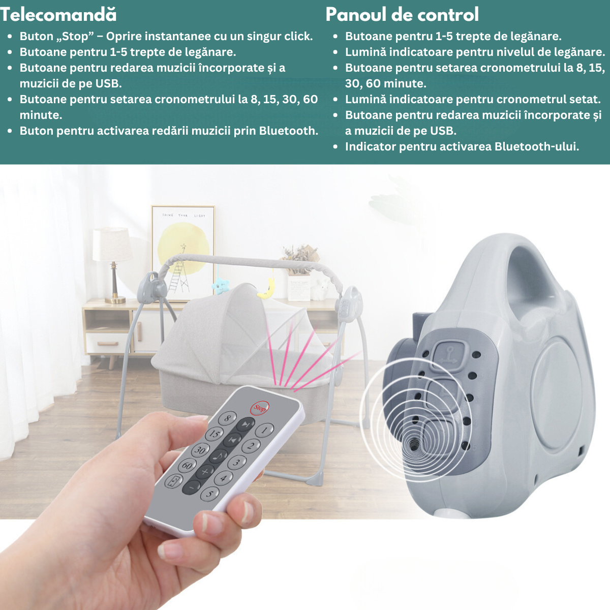 Patut Electric pentru Bebelusi cu Functie de Leganare Automata, 5 Viteze Ajustabile cu telecomanda, Temporizator Inteligent 8-60 Min, Redare Muzica prin Bluetooth si USB, Plasa Anti-Insecte Detasabila, Centura de Siguranta in 3 Puncte, Pliabil, Gri