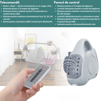 Patut Electric pentru Bebelusi cu Functie de Leganare Automata, 5 Viteze Ajustabile cu telecomanda, Temporizator Inteligent 8-60 Min, Redare Muzica prin Bluetooth si USB, Plasa Anti-Insecte Detasabila, Centura de Siguranta in 3 Puncte, Pliabil, Gri