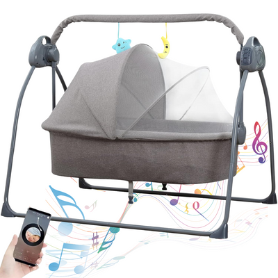 Patut Electric pentru Bebelusi cu Functie de Leganare Automata, 5 Viteze Ajustabile cu telecomanda, Temporizator Inteligent 8-60 Min, Redare Muzica prin Bluetooth si USB, Plasa Anti-Insecte Detasabila, Centura de Siguranta in 3 Puncte, Pliabil, Gri