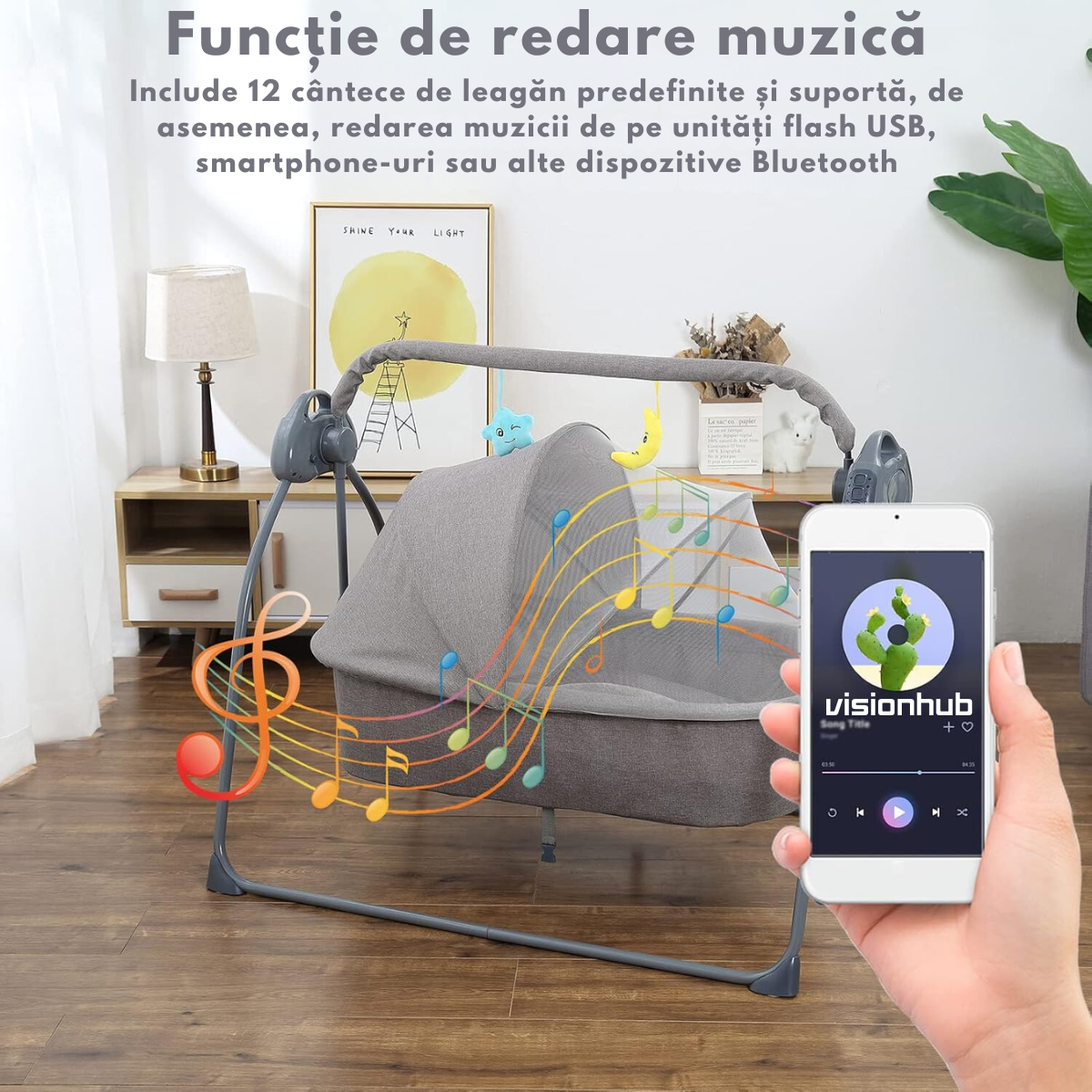 Patut Electric pentru Bebelusi cu Functie de Leganare Automata, 5 Viteze Ajustabile cu telecomanda, Temporizator Inteligent 8-60 Min, Redare Muzica prin Bluetooth si USB, Plasa Anti-Insecte Detasabila, Centura de Siguranta in 3 Puncte, Pliabil, Gri