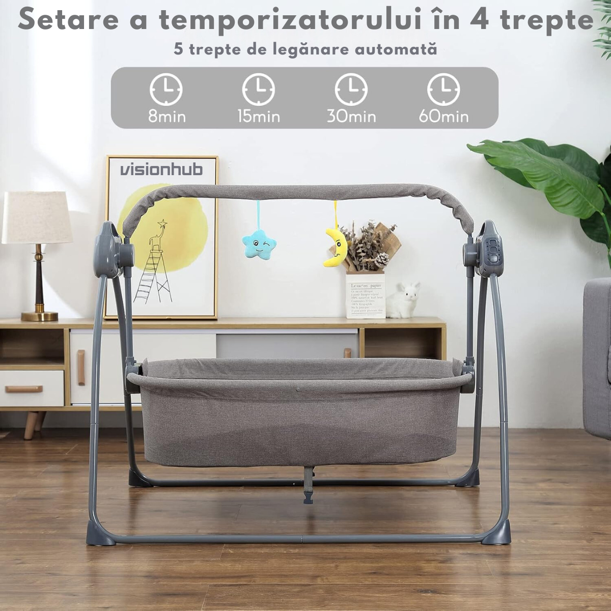 Patut Electric pentru Bebelusi cu Functie de Leganare Automata, 5 Viteze Ajustabile cu telecomanda, Temporizator Inteligent 8-60 Min, Redare Muzica prin Bluetooth si USB, Plasa Anti-Insecte Detasabila, Centura de Siguranta in 3 Puncte, Pliabil, Gri