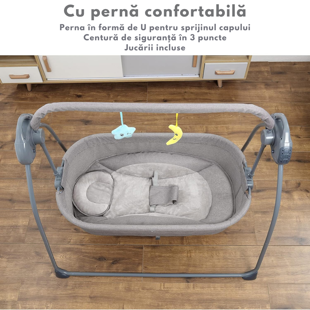 Patut Electric pentru Bebelusi cu Functie de Leganare Automata, 5 Viteze Ajustabile cu telecomanda, Temporizator Inteligent 8-60 Min, Redare Muzica prin Bluetooth si USB, Plasa Anti-Insecte Detasabila, Centura de Siguranta in 3 Puncte, Pliabil, Gri