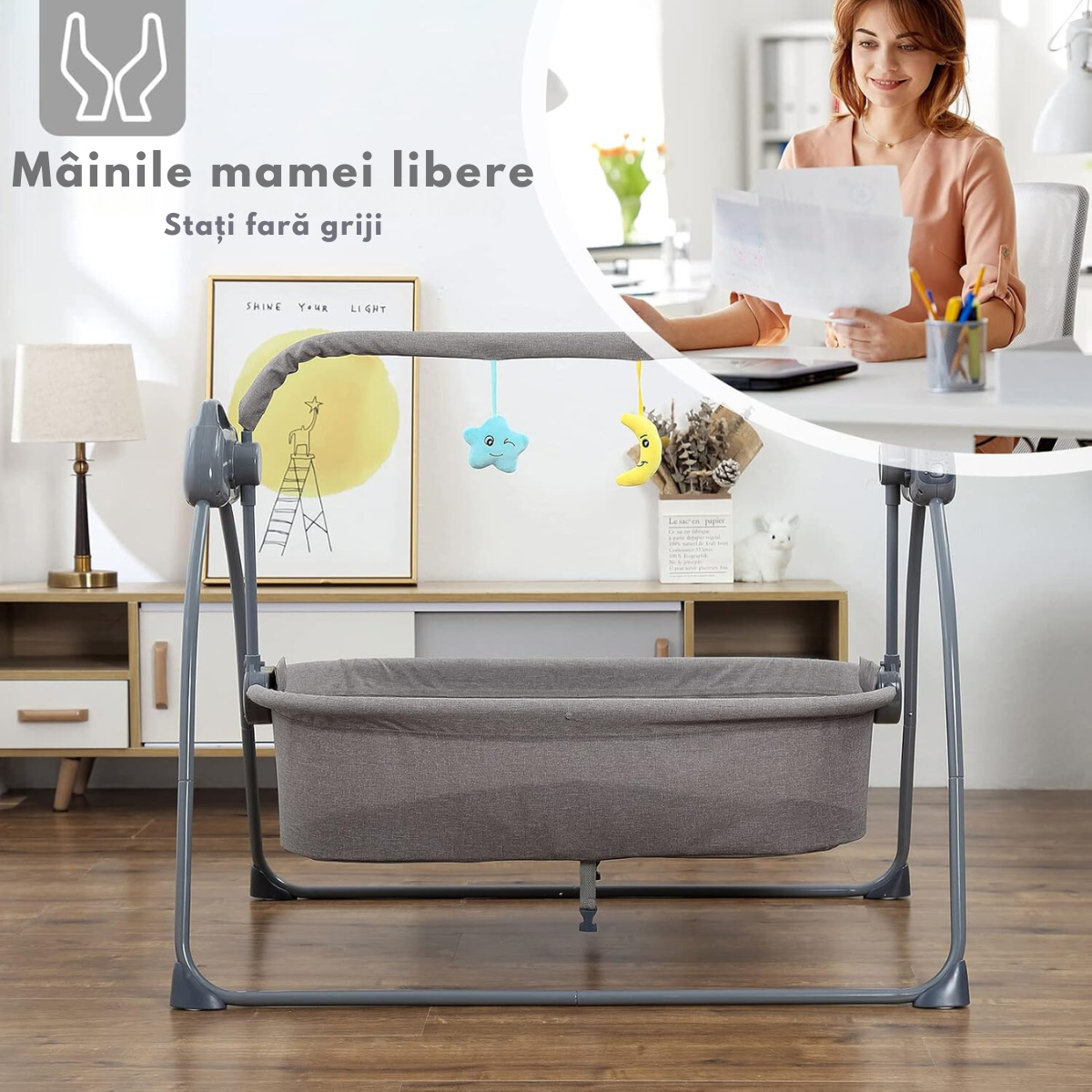 Patut Electric pentru Bebelusi cu Functie de Leganare Automata, 5 Viteze Ajustabile cu telecomanda, Temporizator Inteligent 8-60 Min, Redare Muzica prin Bluetooth si USB, Plasa Anti-Insecte Detasabila, Centura de Siguranta in 3 Puncte, Pliabil, Gri