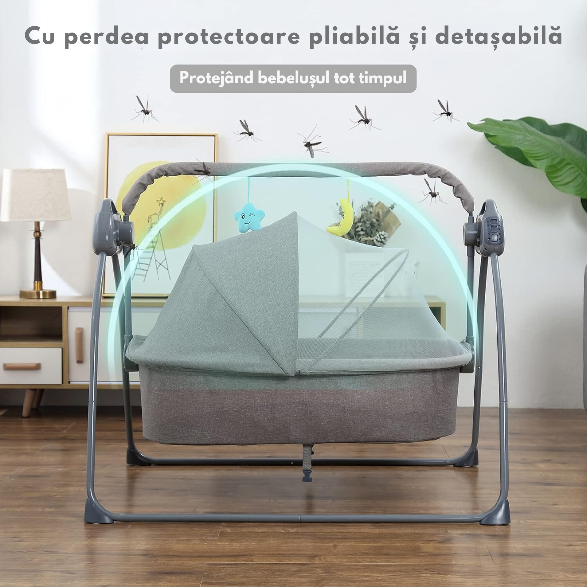 Patut Electric pentru Bebelusi cu Functie de Leganare Automata, 5 Viteze Ajustabile cu telecomanda, Temporizator Inteligent 8-60 Min, Redare Muzica prin Bluetooth si USB, Plasa Anti-Insecte Detasabila, Centura de Siguranta in 3 Puncte, Pliabil, Gri