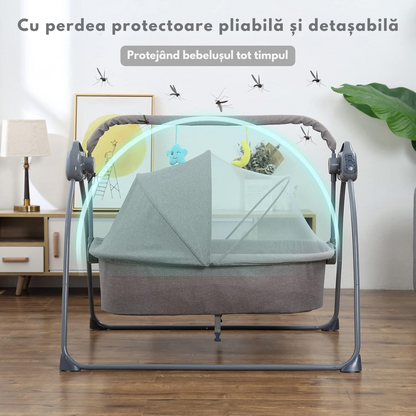 Patut Electric pentru Bebelusi cu Functie de Leganare Automata, 5 Viteze Ajustabile cu telecomanda, Temporizator Inteligent 8-60 Min, Redare Muzica prin Bluetooth si USB, Plasa Anti-Insecte Detasabila, Centura de Siguranta in 3 Puncte, Pliabil, Gri