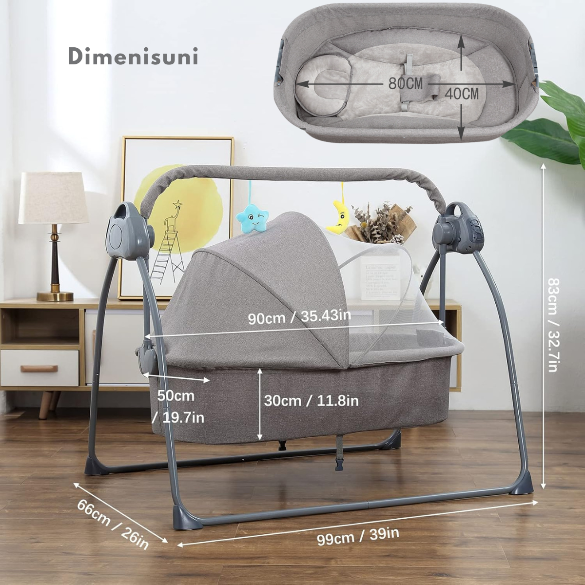 Patut Electric pentru Bebelusi cu Functie de Leganare Automata, 5 Viteze Ajustabile cu telecomanda, Temporizator Inteligent 8-60 Min, Redare Muzica prin Bluetooth si USB, Plasa Anti-Insecte Detasabila, Centura de Siguranta in 3 Puncte, Pliabil, Gri