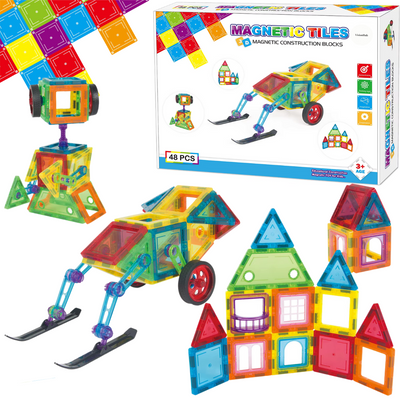 Set de Constructie, Magnetic Tiles 3D, 48 Piese colorate, Jucarie Creativa si Educationala STEM VisionHub®, multiple forme de constructie, Dezvoltarea Abilitatilor Motrice si a Imaginatiei, Multicolor