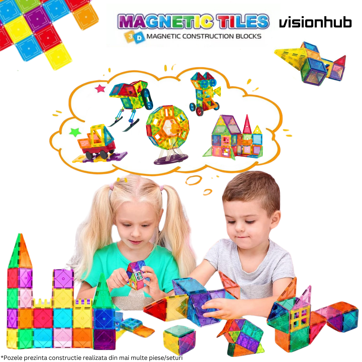 Set de Constructie, Magnetic Tiles 3D, 48 Piese colorate, Jucarie Creativa si Educationala STEM VisionHub®, multiple forme de constructie, Dezvoltarea Abilitatilor Motrice si a Imaginatiei, Multicolor