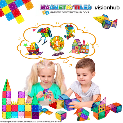 Set de Constructie, Magnetic Tiles 3D, 48 Piese colorate, Jucarie Creativa si Educationala STEM VisionHub®, multiple forme de constructie, Dezvoltarea Abilitatilor Motrice si a Imaginatiei, Multicolor