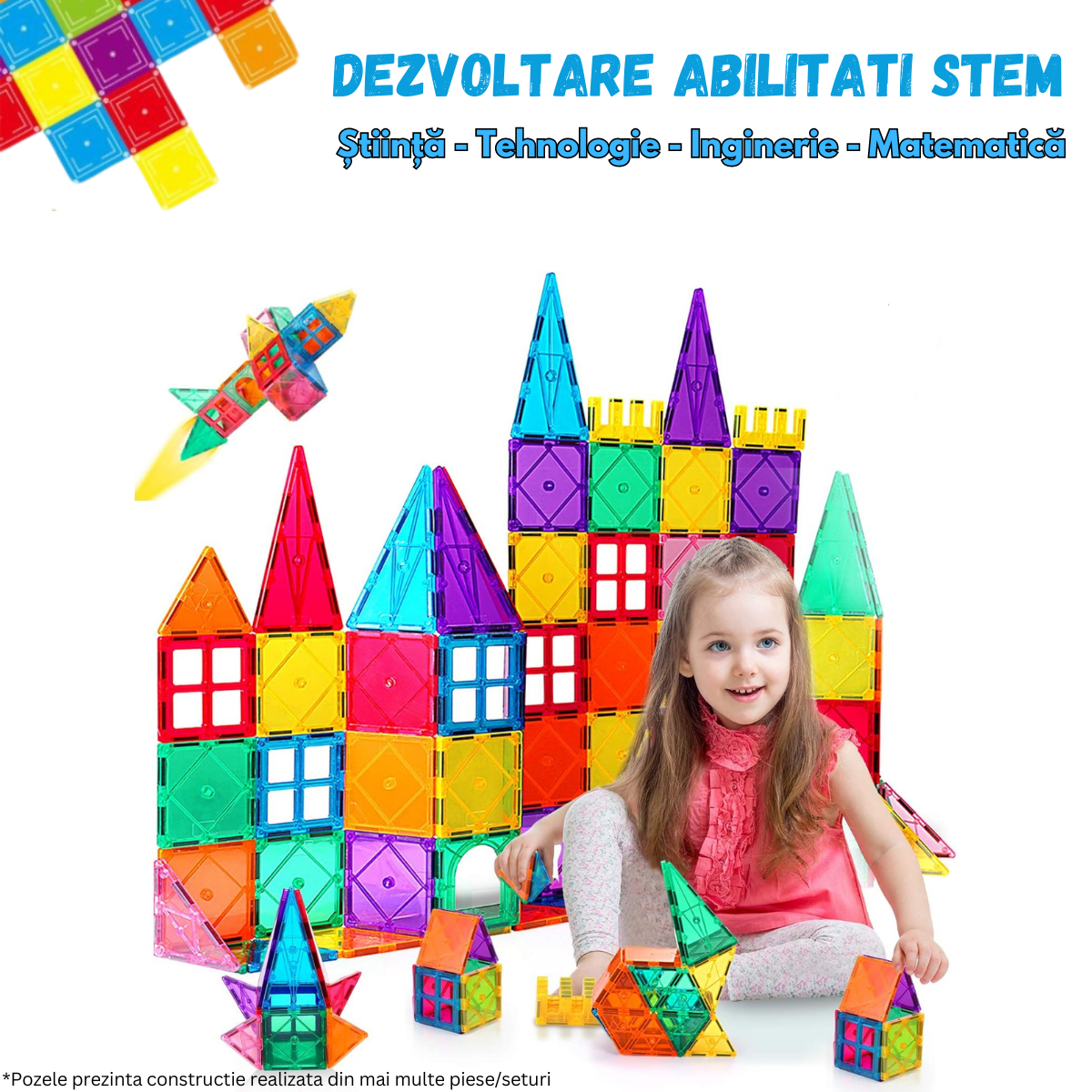 Set de Constructie, Magnetic Tiles 3D, 48 Piese colorate, Jucarie Creativa si Educationala STEM VisionHub®, multiple forme de constructie, Dezvoltarea Abilitatilor Motrice si a Imaginatiei, Multicolor