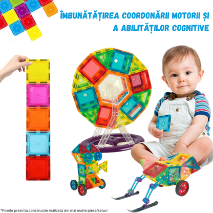 Set de Constructie, Magnetic Tiles 3D, 48 Piese colorate, Jucarie Creativa si Educationala STEM VisionHub®, multiple forme de constructie, Dezvoltarea Abilitatilor Motrice si a Imaginatiei, Multicolor