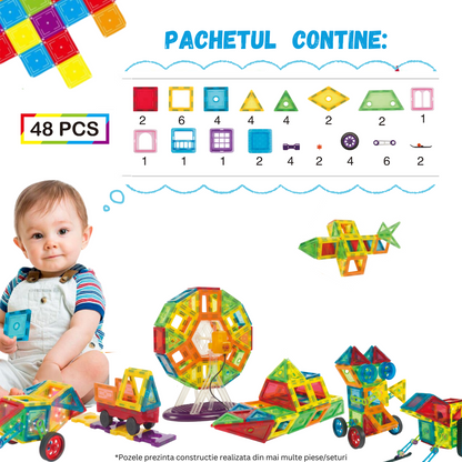 Set de Constructie, Magnetic Tiles 3D, 48 Piese colorate, Jucarie Creativa si Educationala STEM VisionHub®, multiple forme de constructie, Dezvoltarea Abilitatilor Motrice si a Imaginatiei, Multicolor