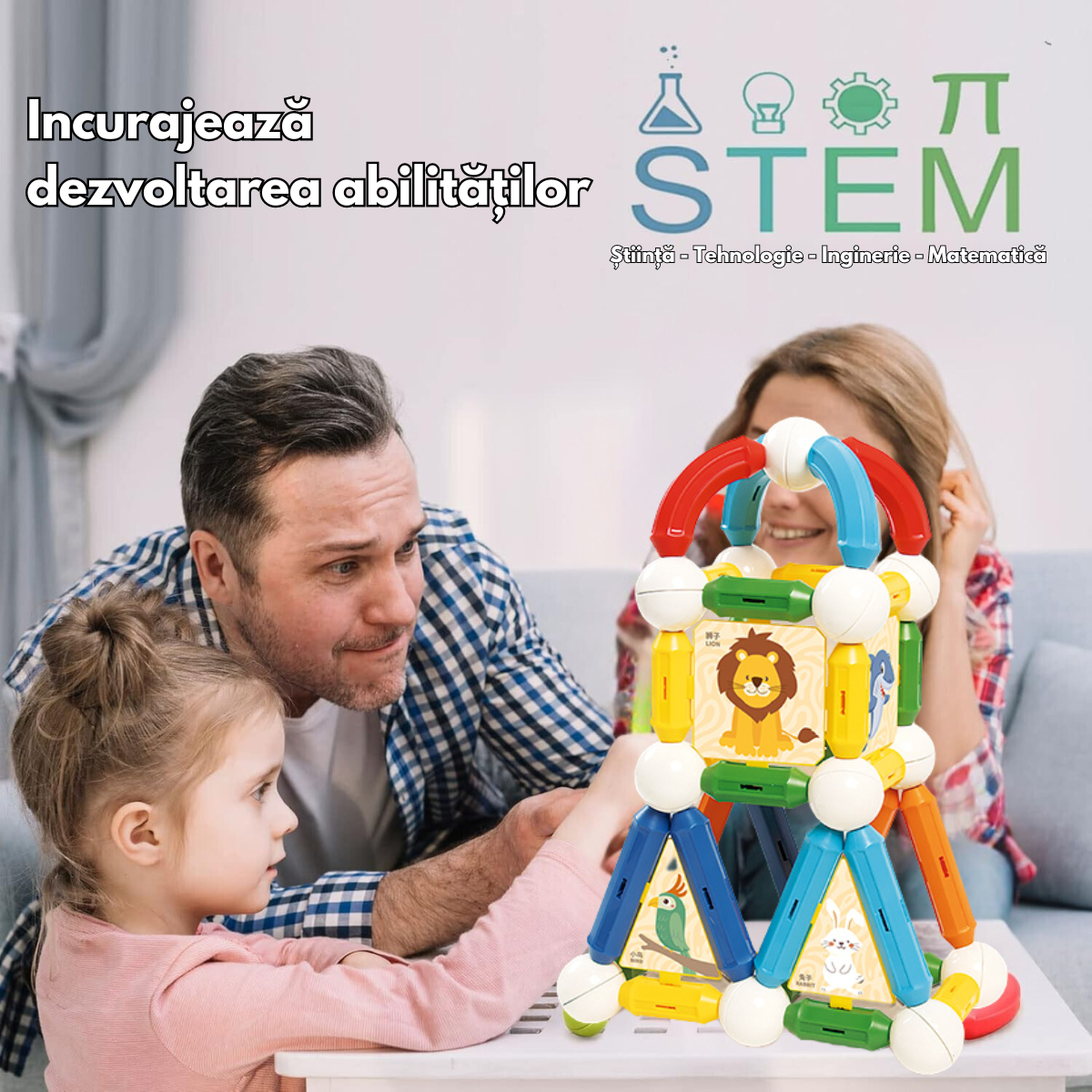 Set Jucarii Magnetice de Constructie pentru Copii, 110 Piese STEM Educationale, Dezvoltare Creativitate si Imaginatie, Conexiuni Magnetice Puternice, Numeroase Posibilitati de Construit, Jucarii Interactive pentru Baieti si Fete 3+ ani, Ideal pentru Cadou