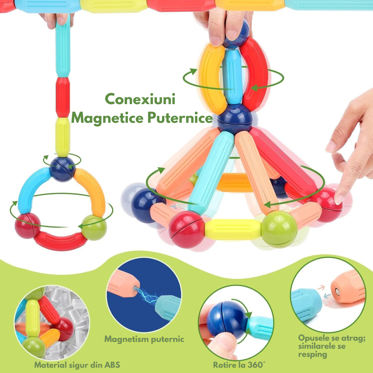 Set Jucarii Magnetice de Constructie pentru Copii, 110 Piese STEM Educationale, Dezvoltare Creativitate si Imaginatie, Conexiuni Magnetice Puternice, Numeroase Posibilitati de Construit, Jucarii Interactive pentru Baieti si Fete 3+ ani, Ideal pentru Cadou