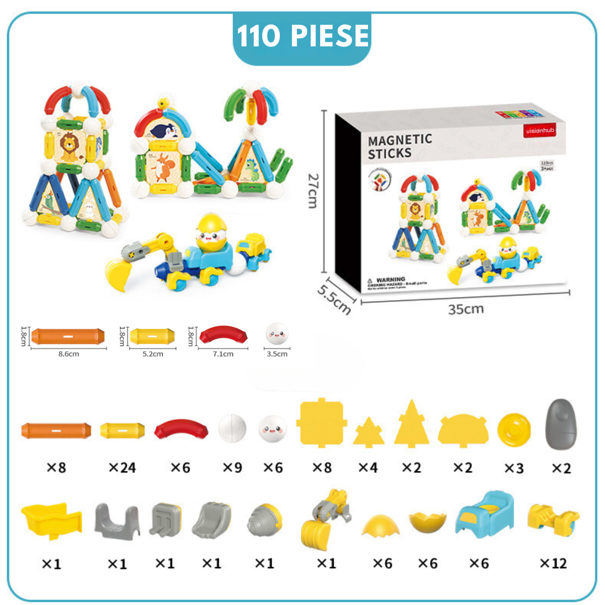 Set Jucarii Magnetice de Constructie pentru Copii, 110 Piese STEM Educationale, Dezvoltare Creativitate si Imaginatie, Conexiuni Magnetice Puternice, Numeroase Posibilitati de Construit, Jucarii Interactive pentru Baieti si Fete 3+ ani, Ideal pentru Cadou