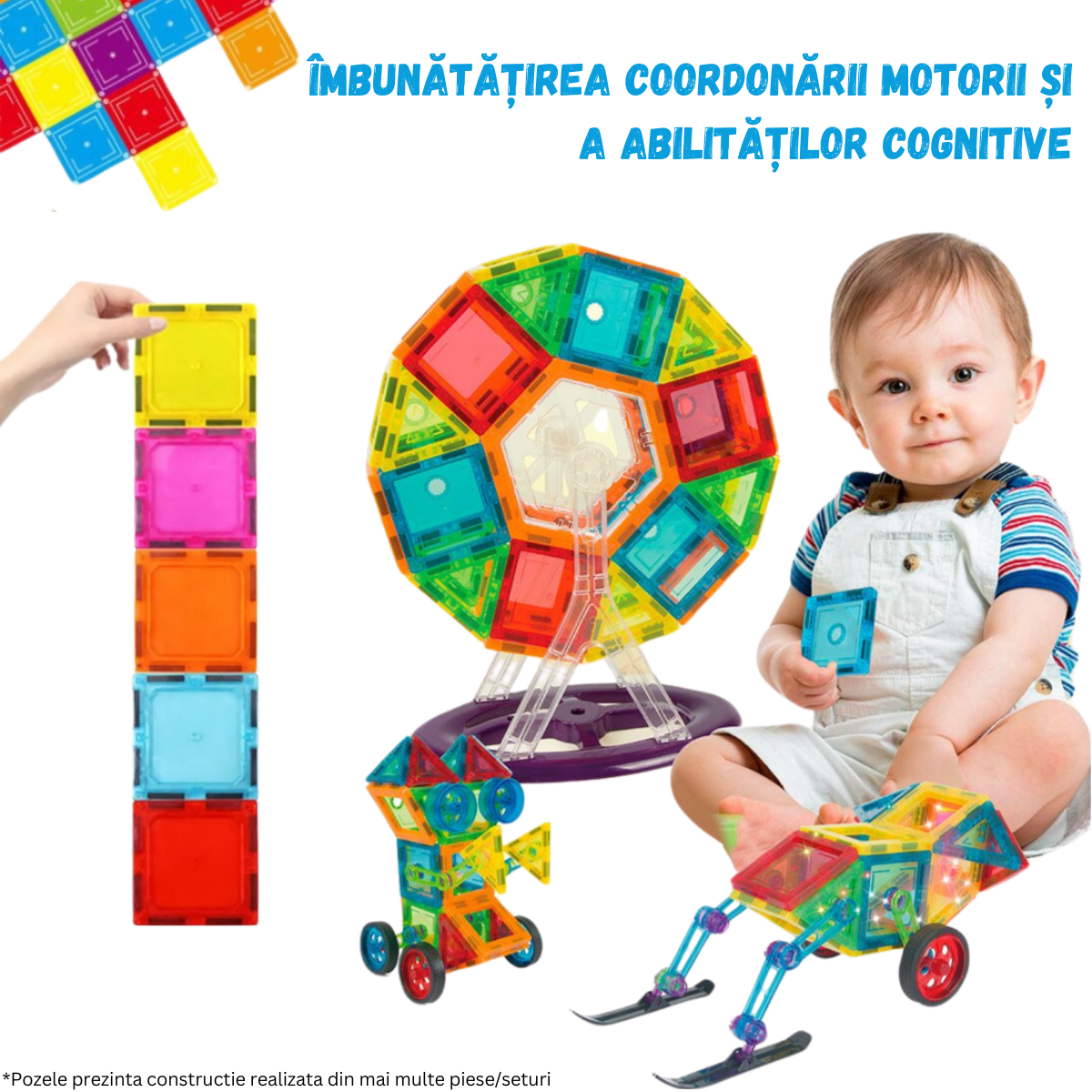 Set de Constructie, Magnetic Tiles 3D, 22 Piese colorate, Jucarie Creativa si Educationala STEM VisionHub®, multiple forme de constructie, Dezvoltarea Abilitatilor Motrice si a Imaginatiei, Multicolor