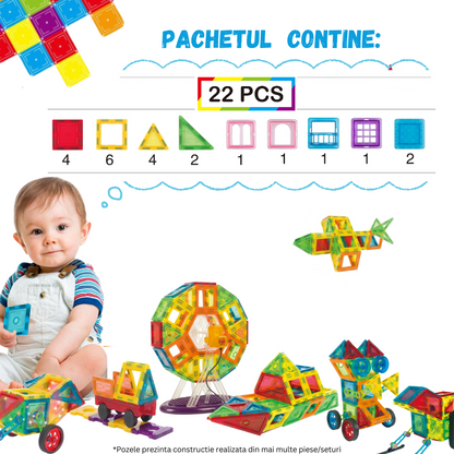 Set de Constructie, Magnetic Tiles 3D, 22 Piese colorate, Jucarie Creativa si Educationala STEM VisionHub®, multiple forme de constructie, Dezvoltarea Abilitatilor Motrice si a Imaginatiei, Multicolor