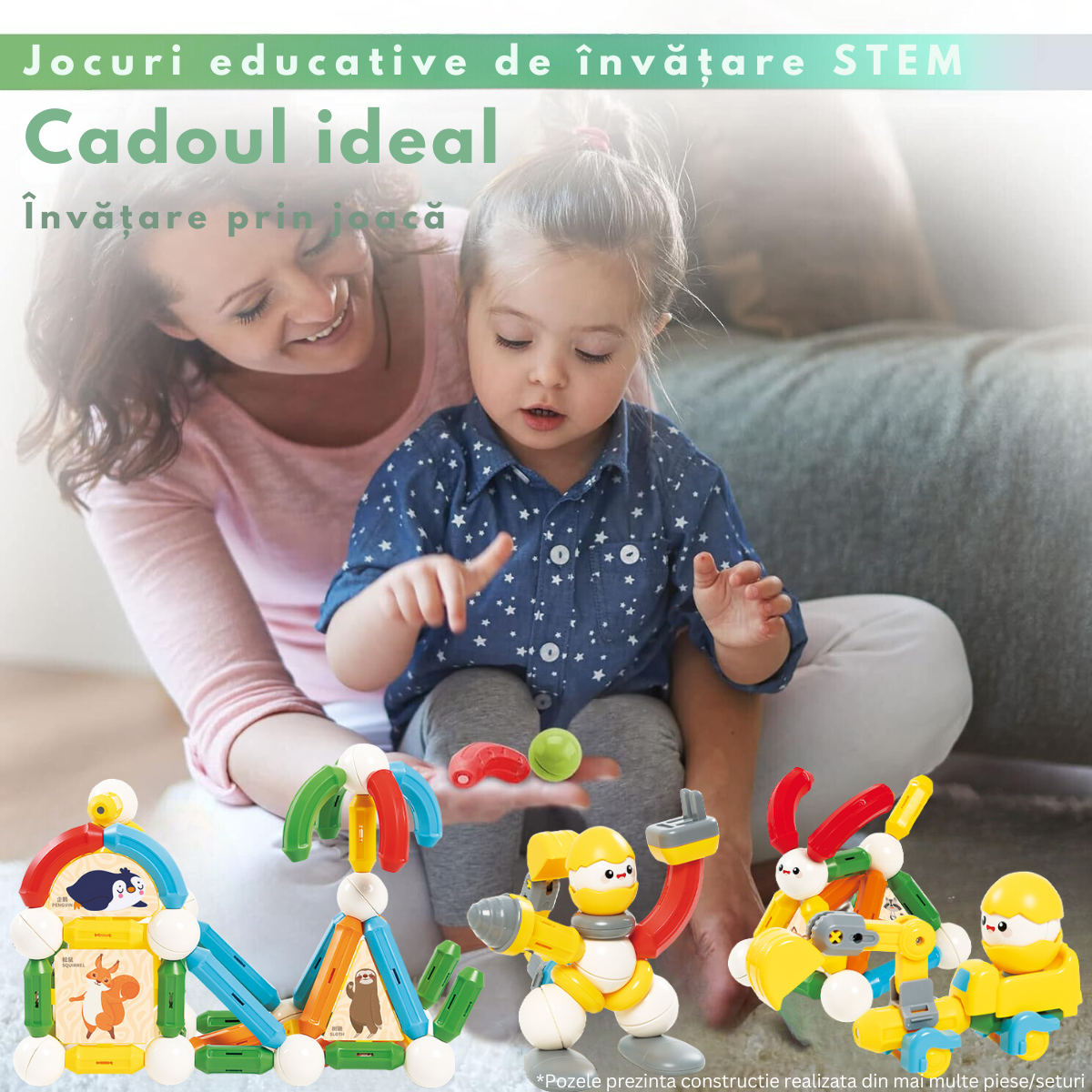 Set de Constructie Magnetic pentru Copii, 45 Piese STEM Educationale si Distractive, Dezvoltare Creativitate si Imaginatie, Conexiuni Magnetice Puternice, Numeroase Posibilitati de Construit, Jucarii Interactive Magnetic Tiles pentru Baieti si Fete 3+ani