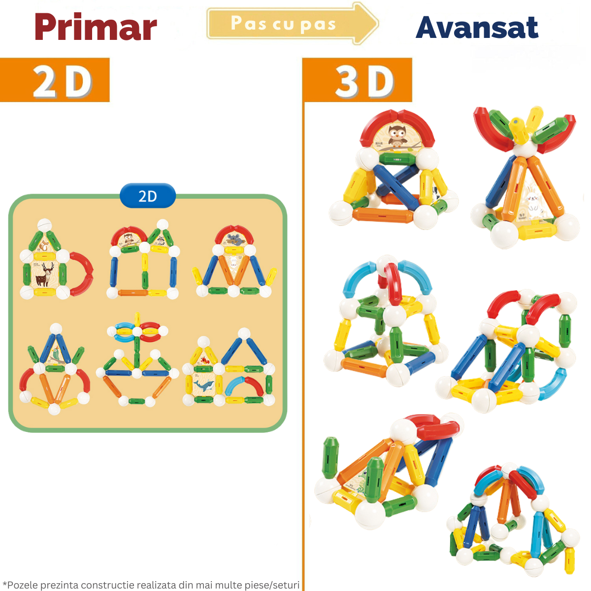 Set de Constructie Magnetic pentru Copii, 45 Piese STEM Educationale si Distractive, Dezvoltare Creativitate si Imaginatie, Conexiuni Magnetice Puternice, Numeroase Posibilitati de Construit, Jucarii Interactive Magnetic Tiles pentru Baieti si Fete 3+ani