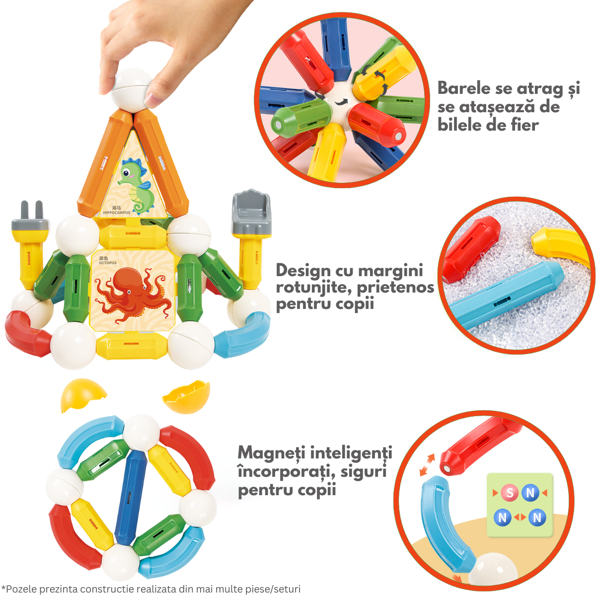 Set de Constructie Magnetic pentru Copii, 45 Piese STEM Educationale si Distractive, Dezvoltare Creativitate si Imaginatie, Conexiuni Magnetice Puternice, Numeroase Posibilitati de Construit, Jucarii Interactive Magnetic Tiles pentru Baieti si Fete 3+ani